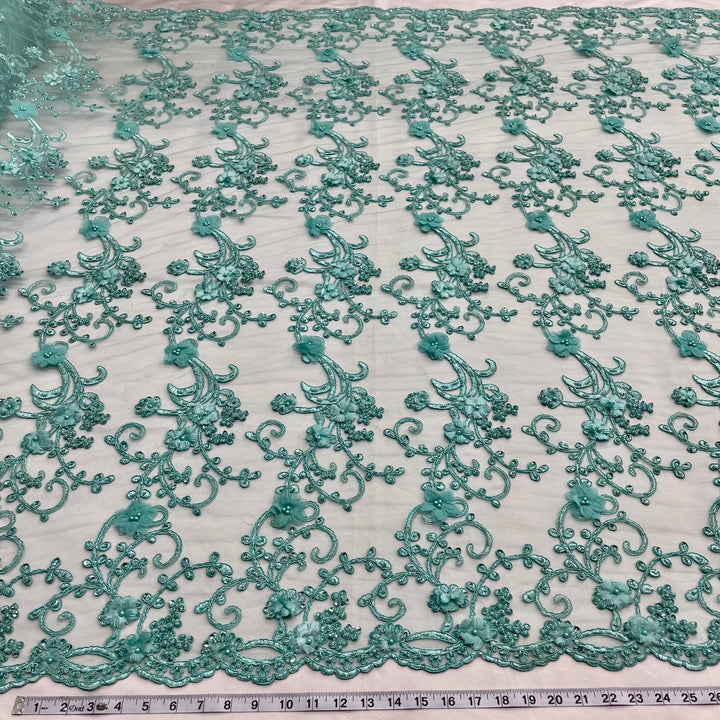 1 Yard Beaded 3D Floral Lace Fabric Embroidered on 100 Percent Polyester Net Mesh White 52 inch Width
