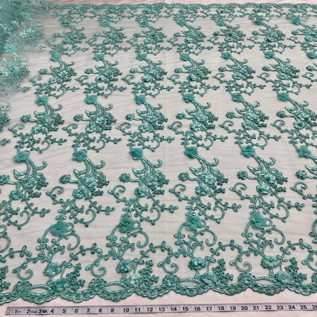 1 Yard Beaded 3D Floral Lace Fabric Embroidered on 100 Percent Polyester Net Mesh White 52 inch Width