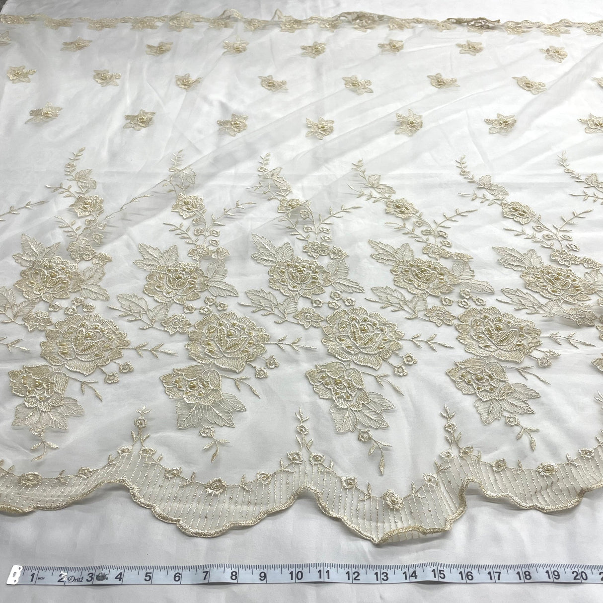 1 Yard Silver Beaded Embroidered Lace Fabric on Polyester Net Mesh for Bridal and Evening Couture – 52"