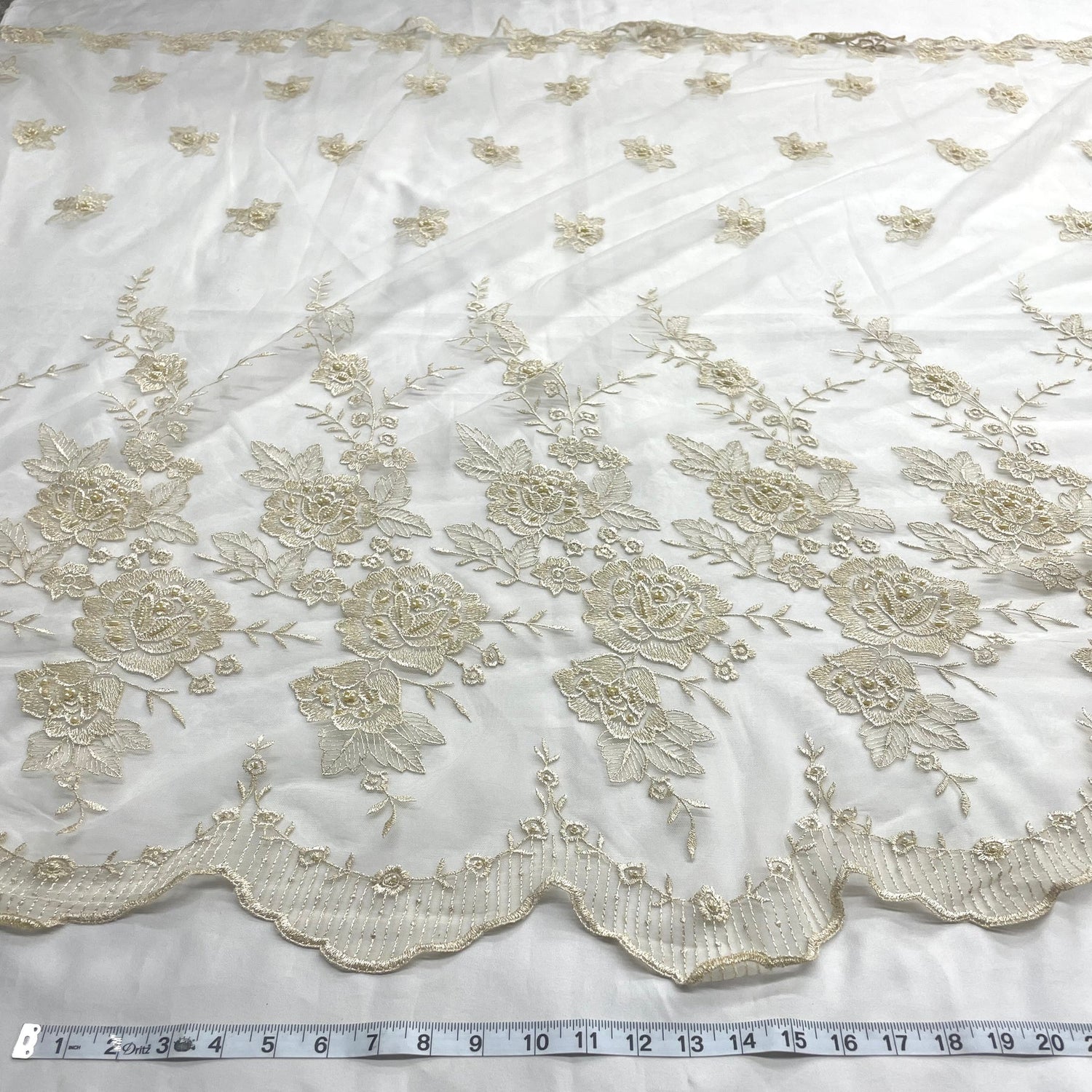 1 Yard Silver Beaded Embroidered Lace Fabric on Polyester Net Mesh for Bridal and Evening Couture – 52"