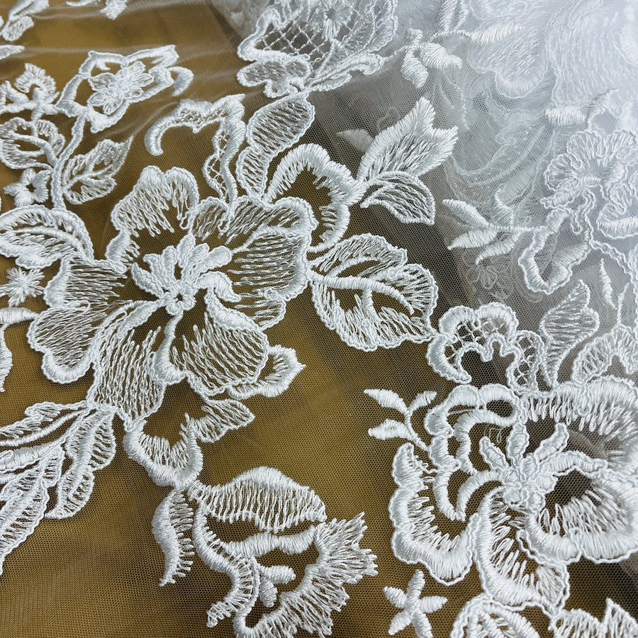 1 Yard - Corded Bridal Lace Fabric Embroidered on 100% Polyester Net Mesh - 53"
