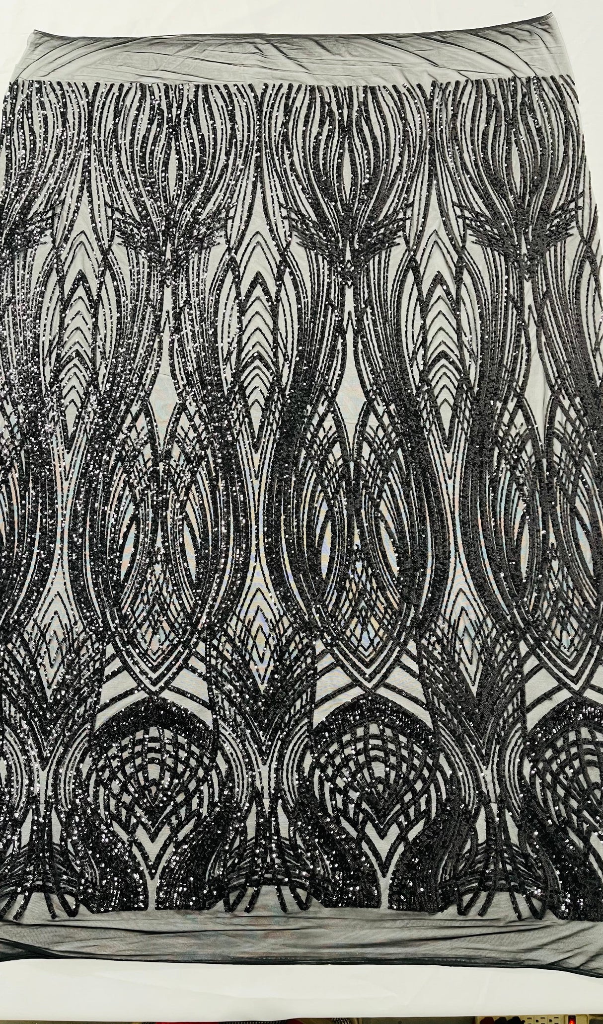 Feather Damask Shiny Sequin Design 4 Way Stretch Mesh Fabric - Iridescent Sequin Embroidered Mesh, 48-50" Width, 36" Length (1 Yard)