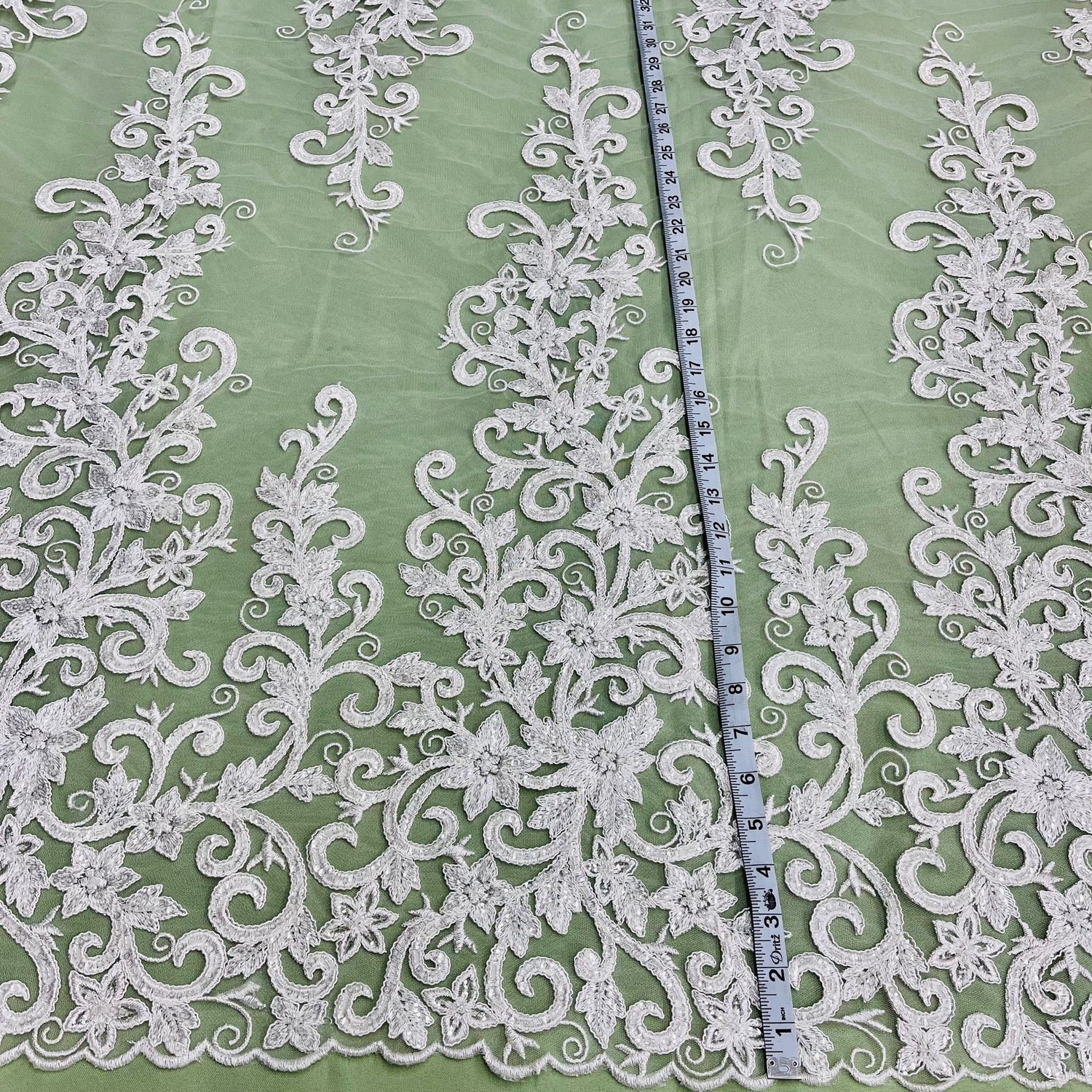 1 Yard Beaded and Corded Bridal Lace Fabric Embroidered on Polyester Net Mesh 51 inch Width