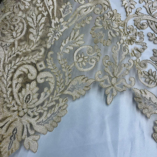 1 Yard Exquisite Corded Bridal Lace Fabric Embroidered on Polyester Net Mesh