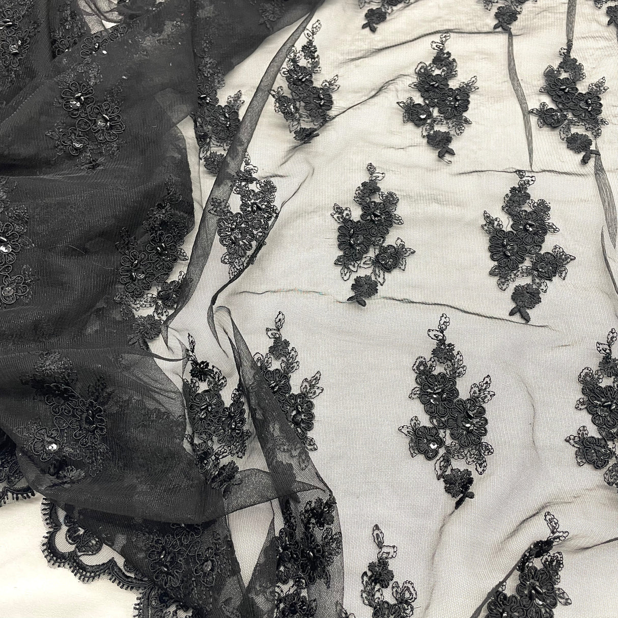 Beaded Corded Lace Fabric on Polyester Net Mesh