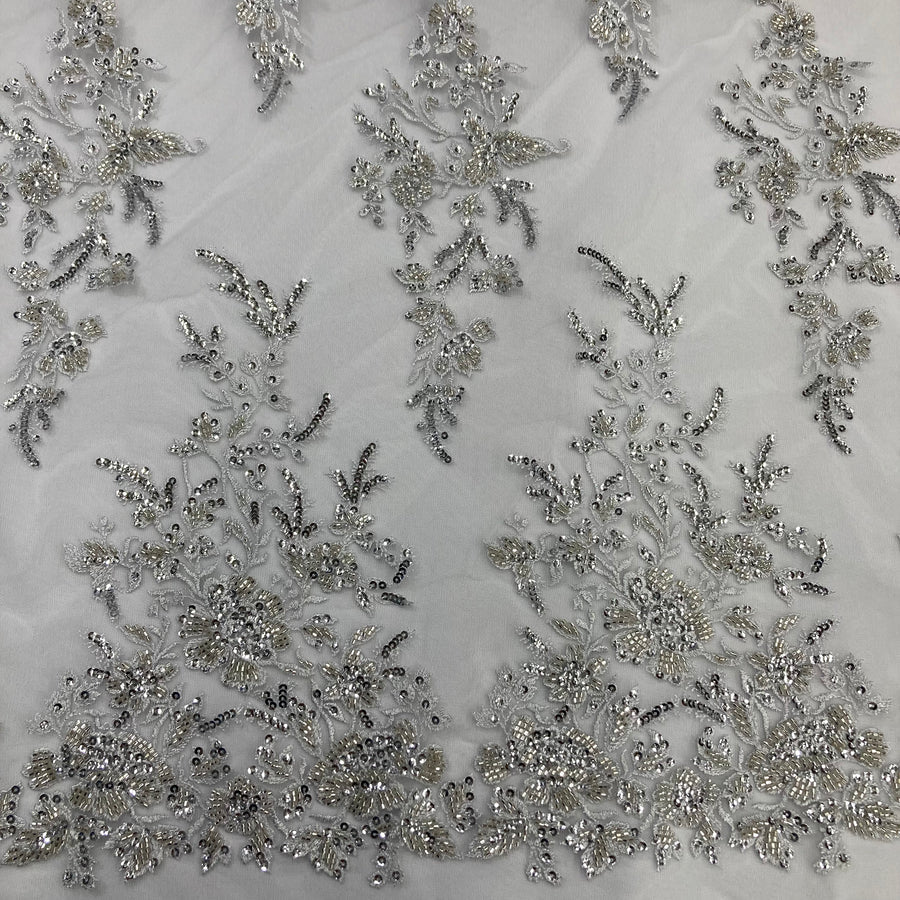 1 Yard Beaded & Sequined Lace Fabric Embroidered on 100% Polyester Net Mesh