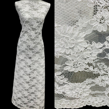 1 Yard Exquisite Corded Embroidered Bridal Lace Fabric for Special Dresses White