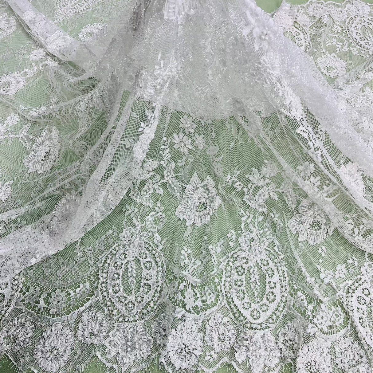 Beaded Chantilly Floral Lace White