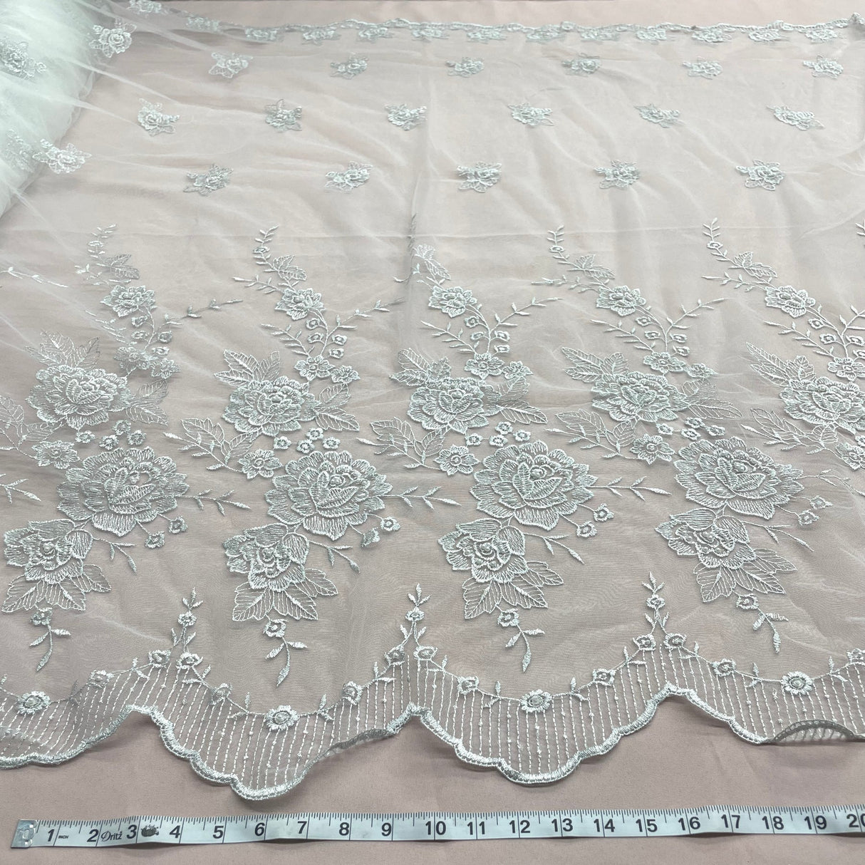 1 Yard Silver Beaded Embroidered Lace Fabric on Polyester Net Mesh for Bridal and Evening Couture – 52"