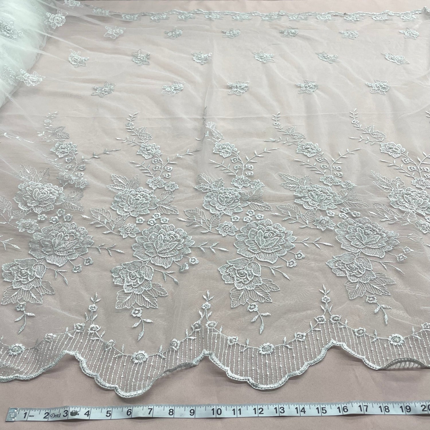 1 Yard Silver Beaded Embroidered Lace Fabric on Polyester Net Mesh for Bridal and Evening Couture – 52"
