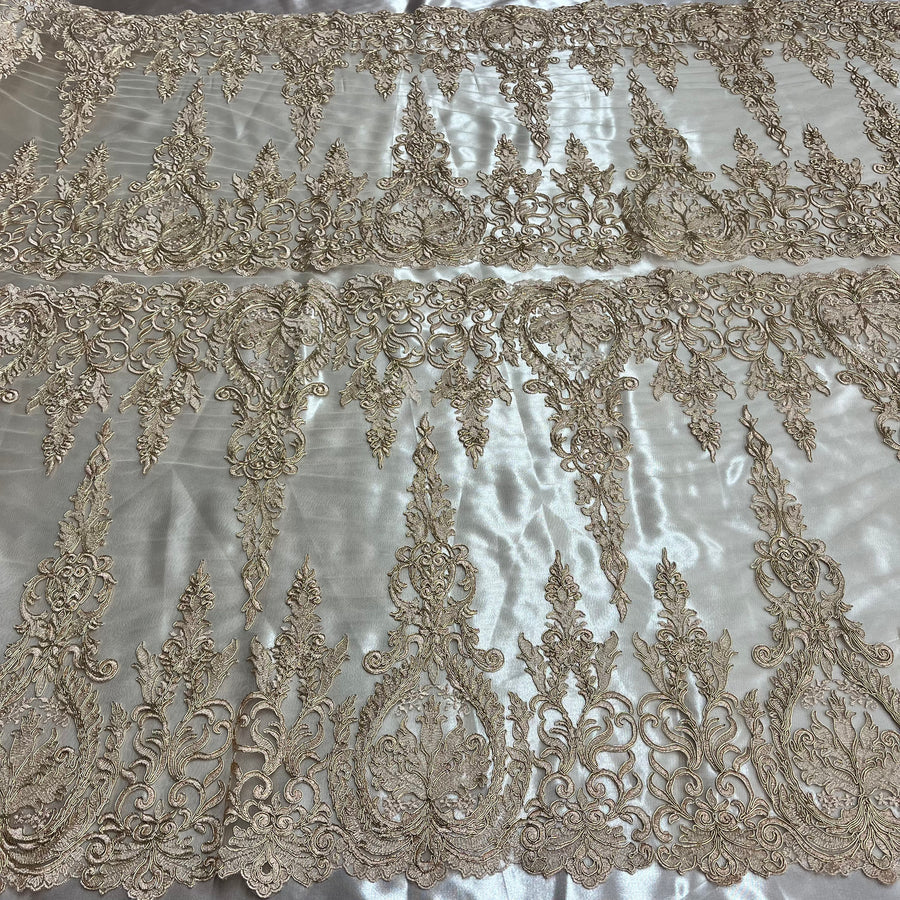 1 Yard Elegant Corded Bridal Lace Embroidered on Soft Polyester Net Mesh Fabric