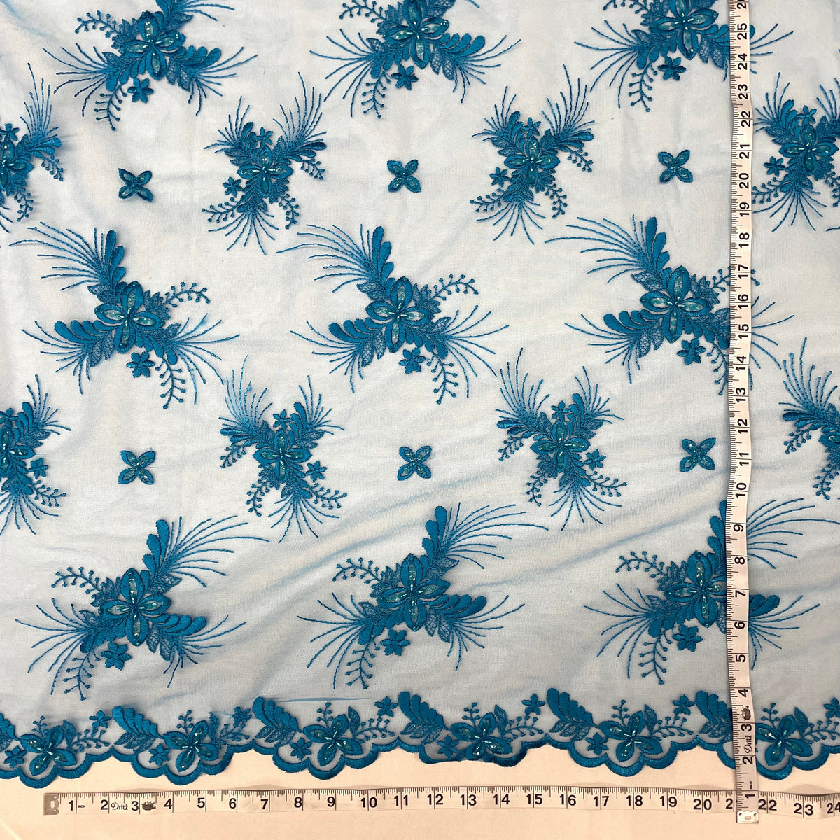 1 Yard Beaded Lace Fabric Embroidered on 100% Polyester Net Mesh, Elegant Sheer Textile for Garments