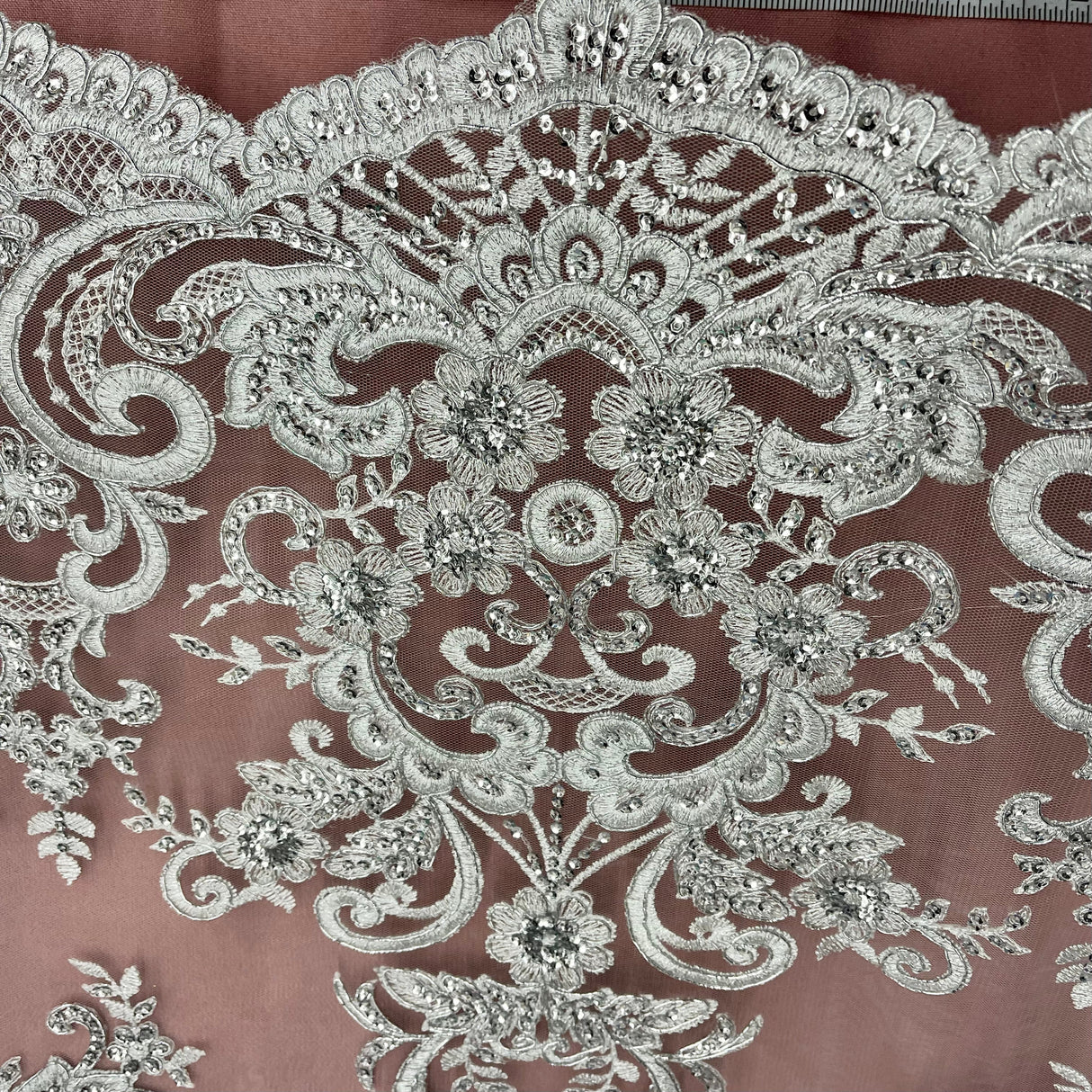 Beaded Corded Bridal Lace Fabric on Polyester Net Mesh