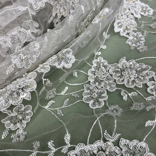 1 Yard Regal Beaded and Corded Lace Fabric Embroidered on Polyester Net Mesh