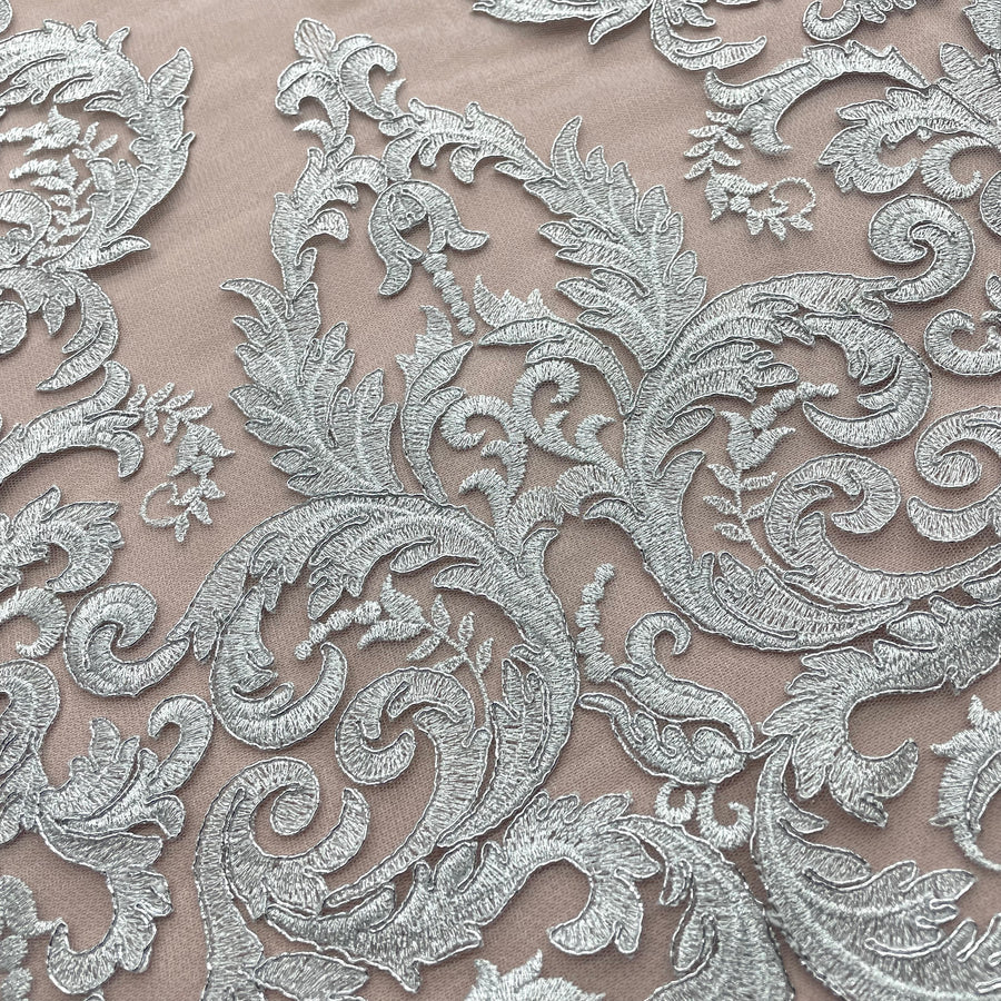 1 Yard Corded Bridal Lace Fabric Embroidered on 100% Polyester Net Mesh