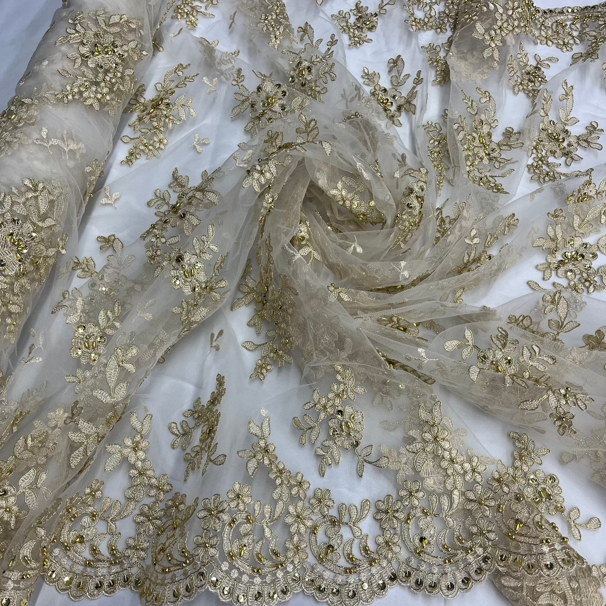 Beaded Corded Floral Lace Fabric 52" Scalloped Edges