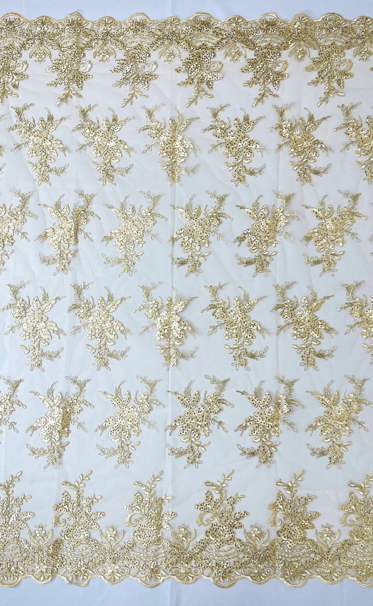 Valentina Embroider Floral Lace Polyester Fabric - Corded Floral Embroidery With Sequins, Mesh Lace, Double Scallop Edge, 50-54" Width (1 Yard)