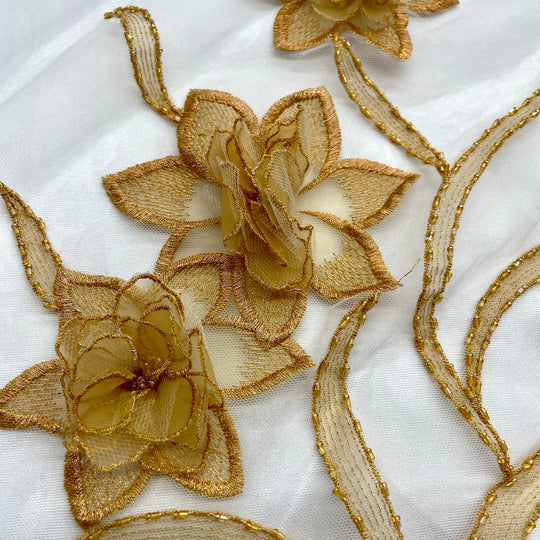 1 Yard Beaded 3D Floral Lace Fabric Embroidered on 100% Polyester Net Mesh Gold 52" Wide