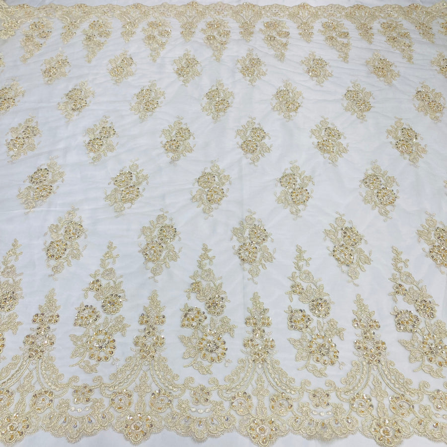 1 Yard Beaded Corded Lace Fabric Embroidered on 100 Percent Polyester Net Mesh 52 Inch Width