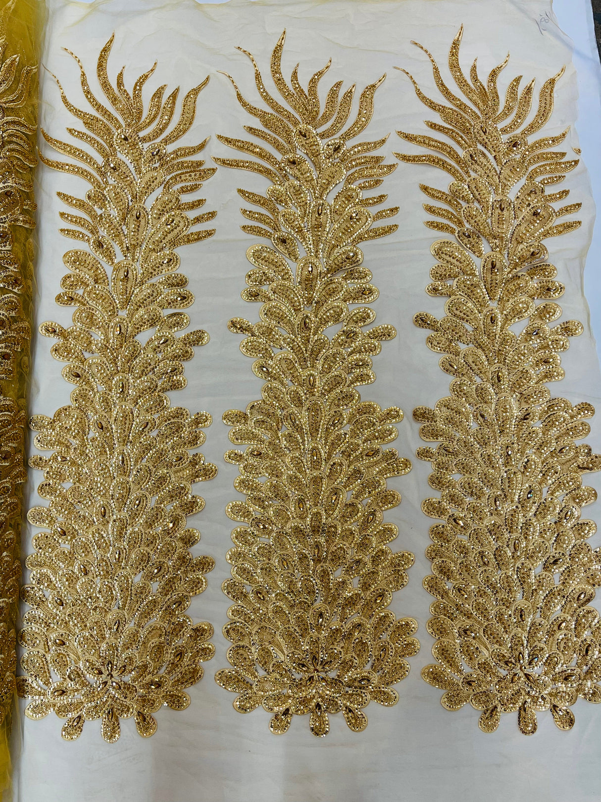 New Vegas Heavy Beaded Feather Design Embroidery Mesh Fabric - Beaded Feather Design, 11" Width, 50" Length (1 Panel)