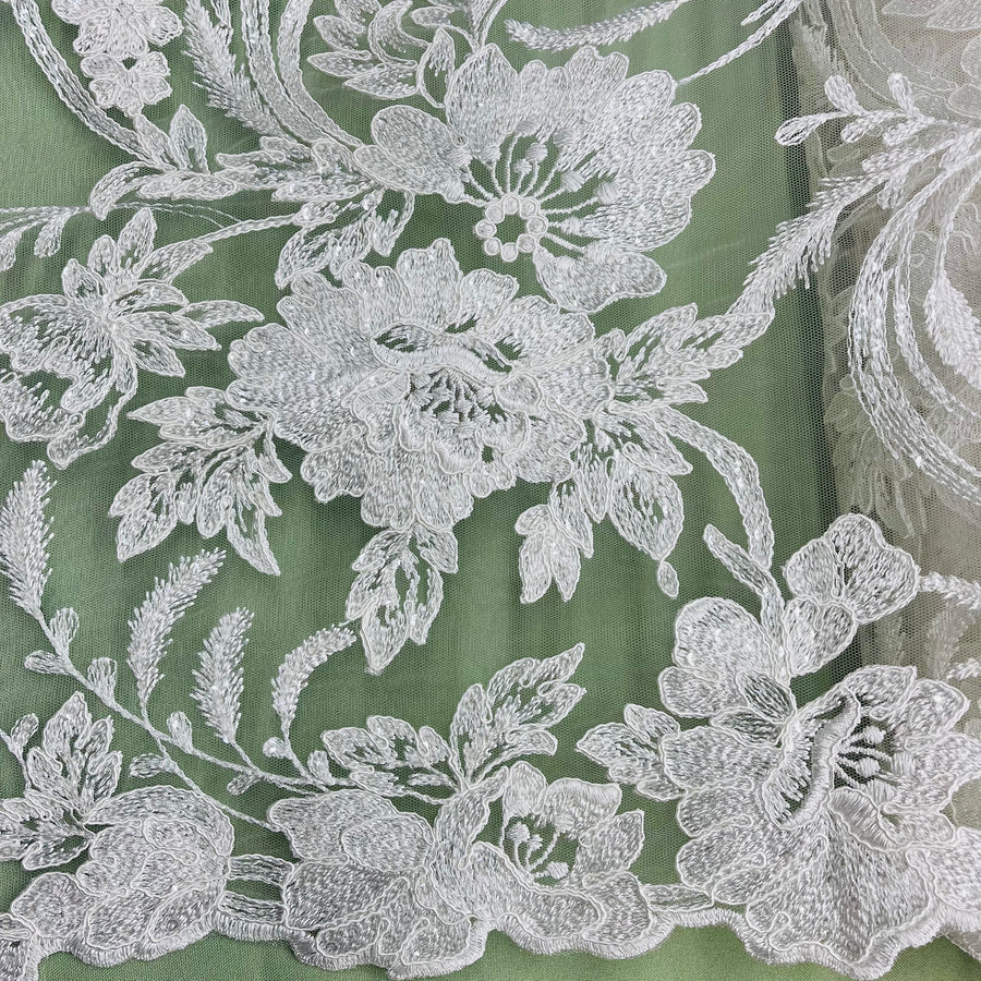 1 Yard - Corded & Sequined Bridal Lace Fabric Embroidered on 100% Polyester Net Mesh - 54"