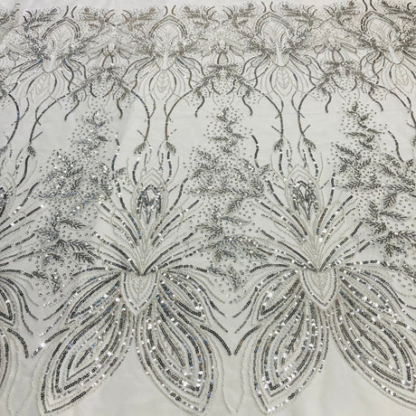 1 Yard Ivory Beaded Lace Fabric Embroidered on 100 Percent Polyester Net Mesh 52 Inch Width