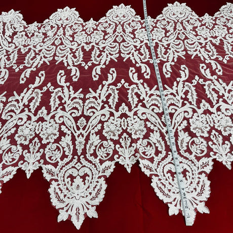 1 Yard Beaded Corded Bridal Lace Fabric Embroidered on 100 Percent Polyester Net Mesh Gold