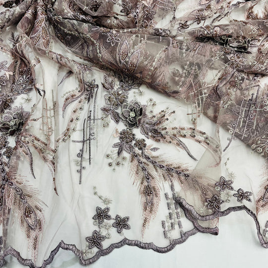 1 Yard Beaded Rhinestone 3D Floral Lace Fabric Embroidered 100 Percent Polyester Net Mesh 50 inch Width