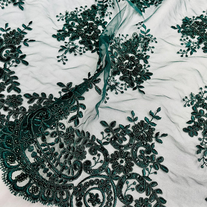 1 Yard Glamorous Beaded and Corded Lace Fabric Embroidered on 100% Polyester Net Mesh White