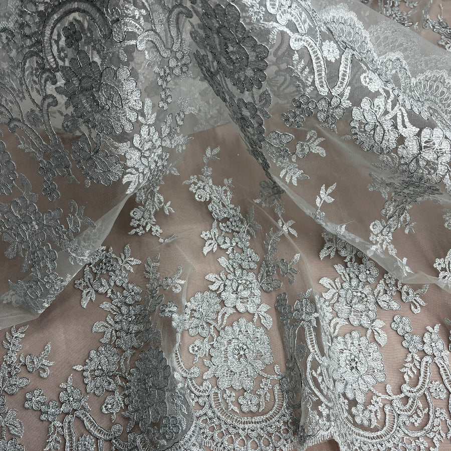 1 Yard Corded Bridal Lace Fabric Embroidered on Polyester Net Mesh