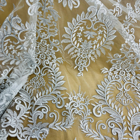 1 Yard Elegant Corded Embroidered Bridal Lace Fabric for Occasion White