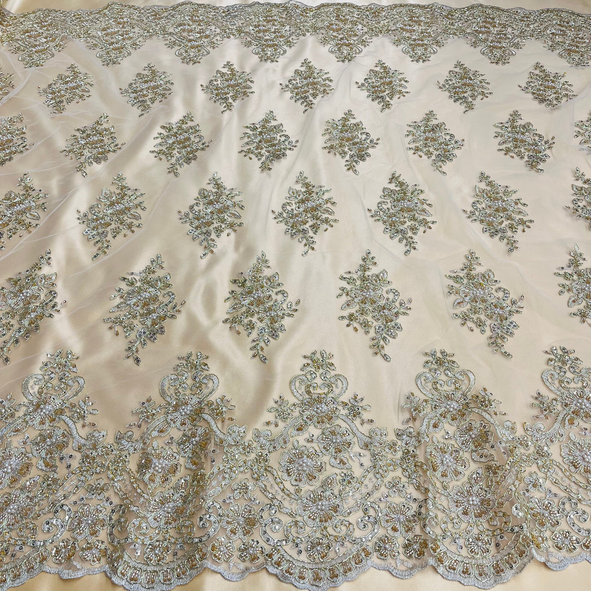 Beaded Corded Lace Fabric Metallic Scallops