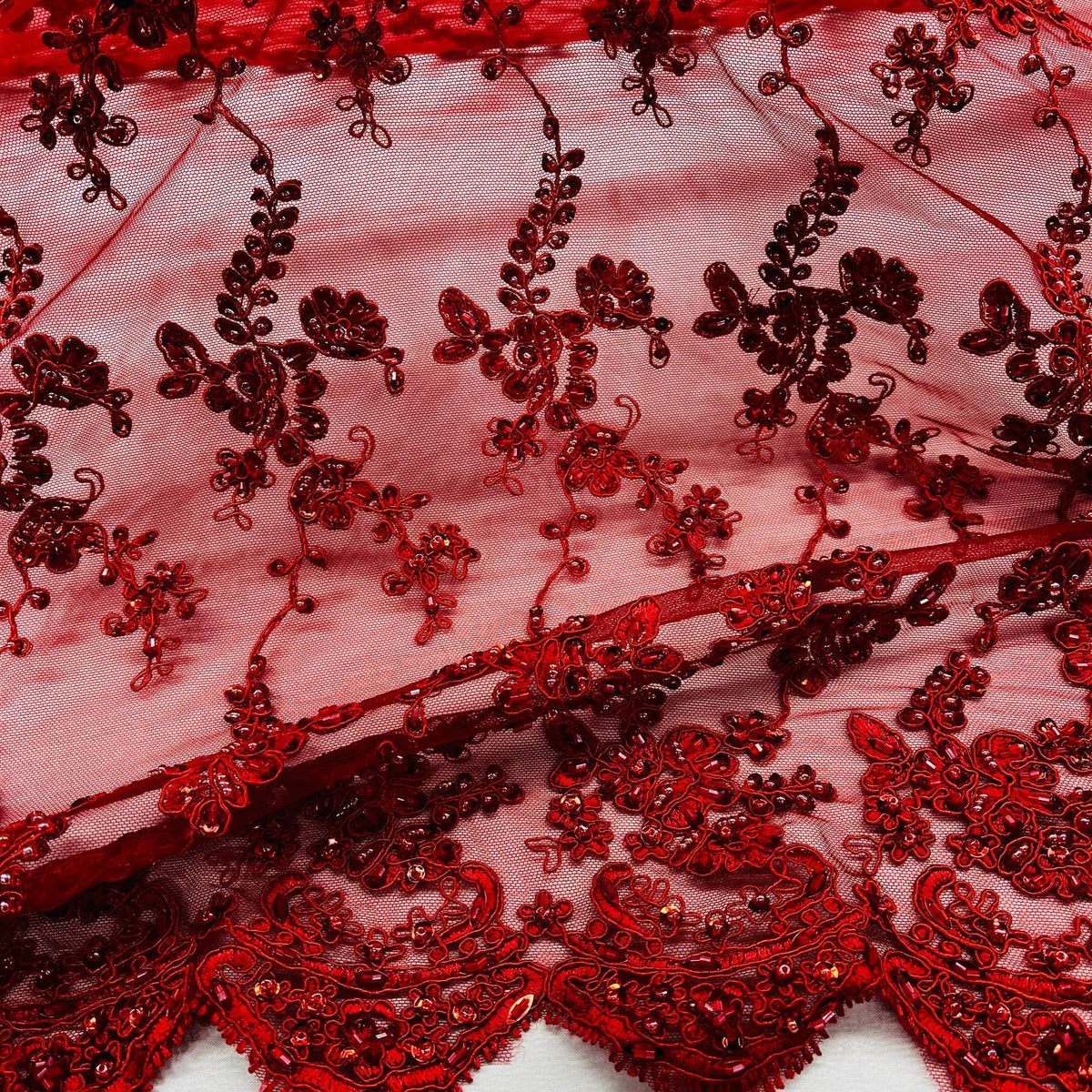 1 Yard Beaded & Corded Lace Fabric Embroidered on 100% Polyester Net Mesh 54" Wide