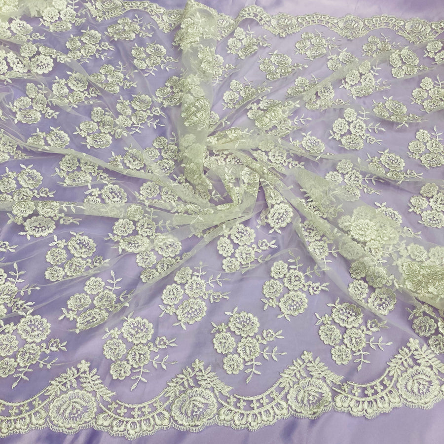 1 Yard - Corded Bridal Lace Fabric Embroidered on 100% Polyester Net Mesh - 50"