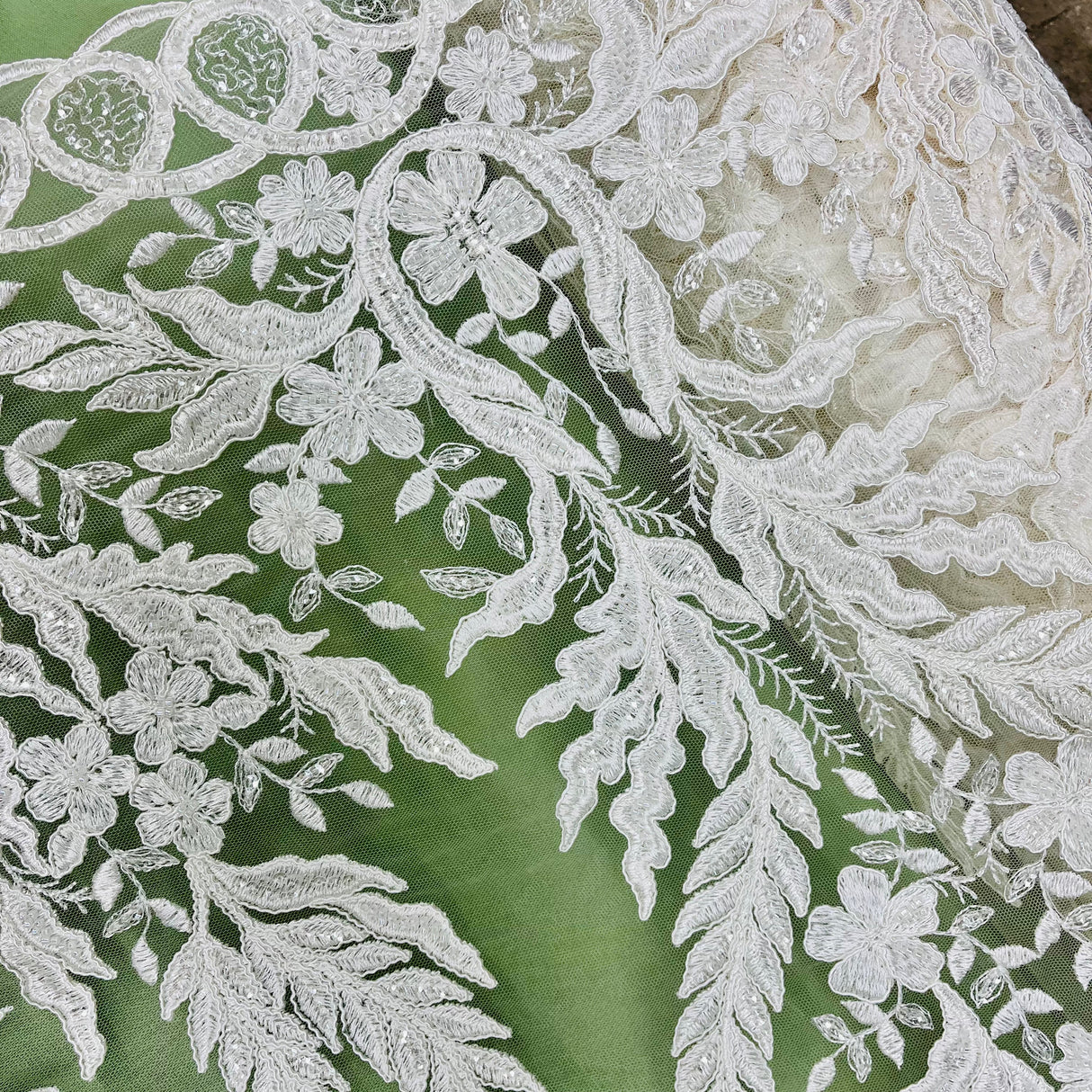 Exquisite Bridal Elegance Beaded Corded Embroidered Lace Fabric - White, Ivory, Silver, Gold, 51" Width (1 Yard)