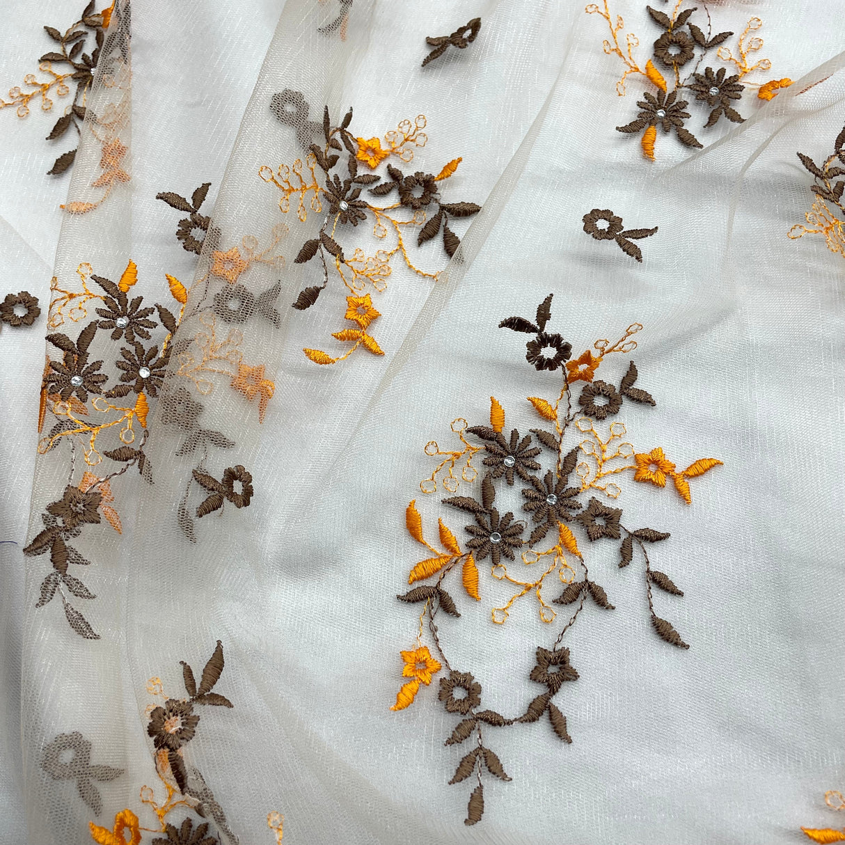 Beaded Lace Fabric Embroidered On 100 Percent Polyester Net Mesh - Yellow, Lilac, Brown/Orange, 54" Width (1 Yard)