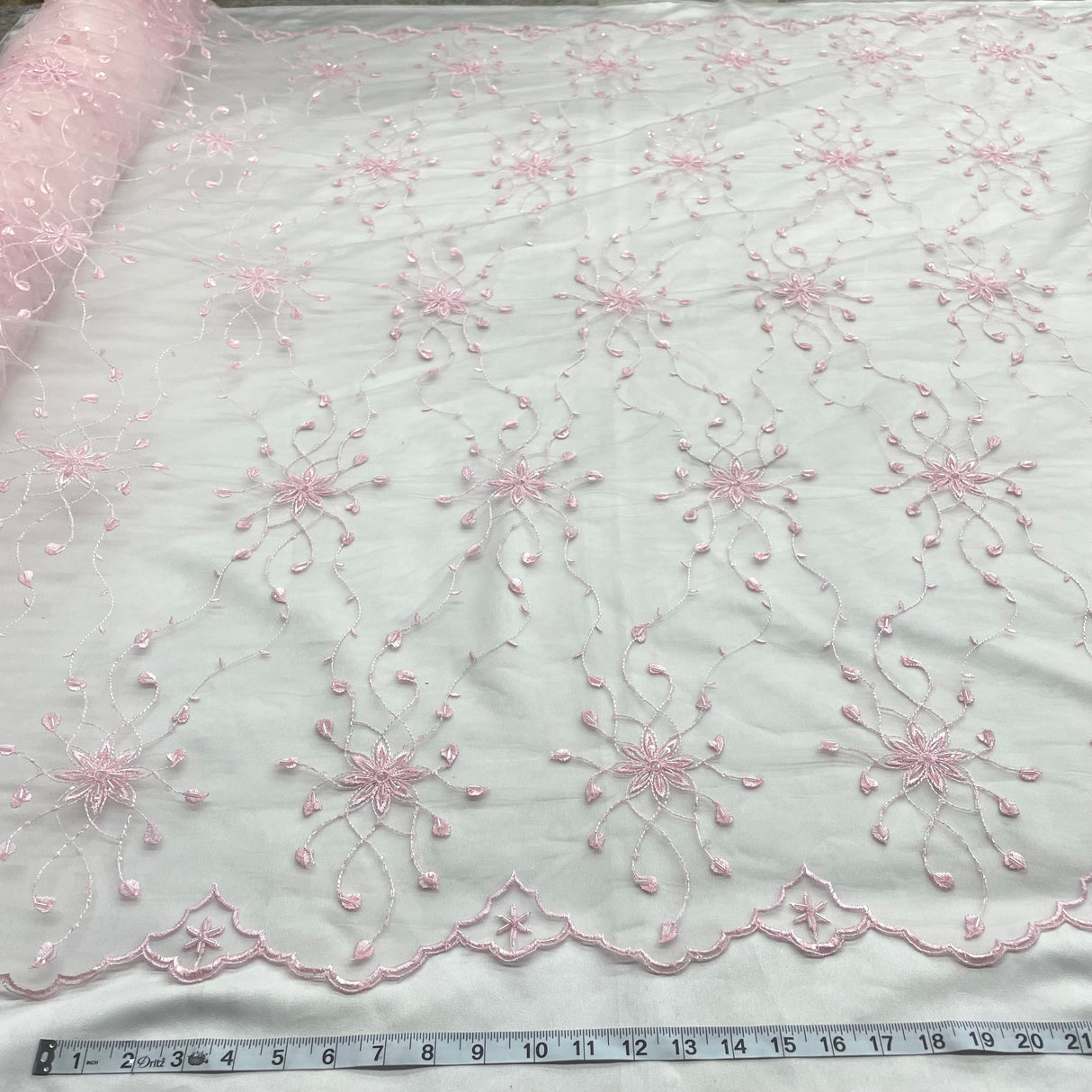 Beaded Lace Fabric on Polyester Net Mesh