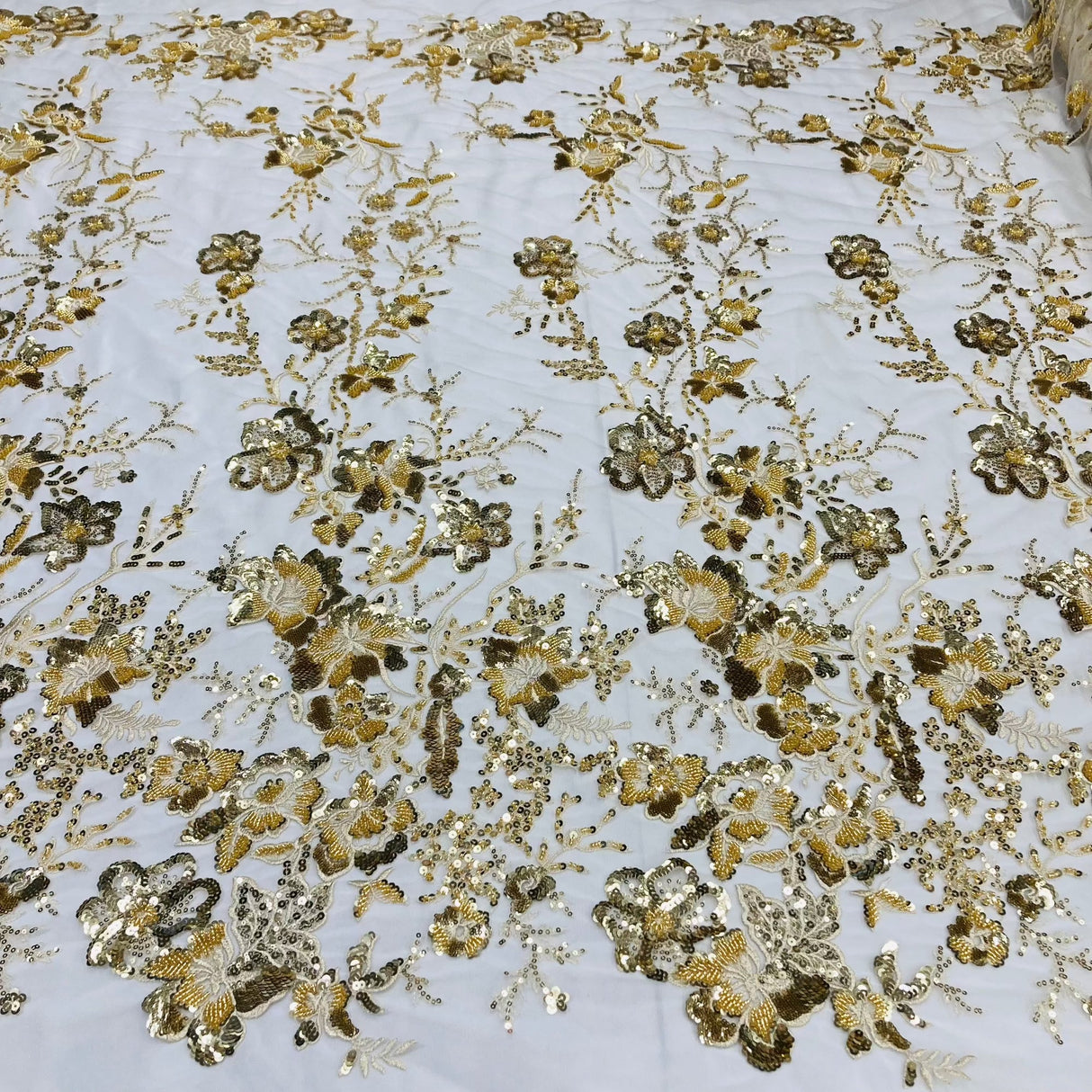 Beaded Sequined Lace Fabric Ivory