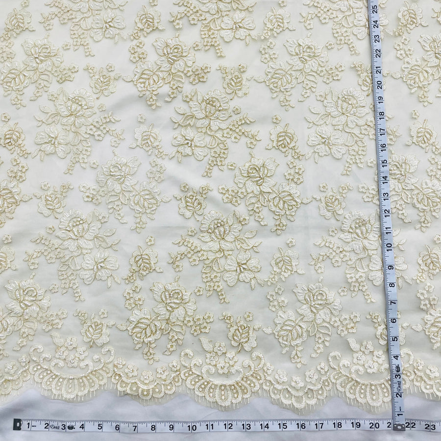 1 Yard Ivory with Gold Beaded Lace Fabric Embroidered on Polyester Net Mesh 54 Inch Width