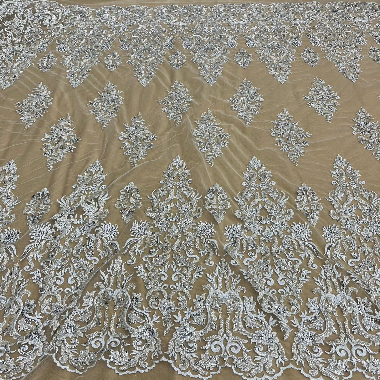 Beaded Sequined Lace Fabric Ivory
