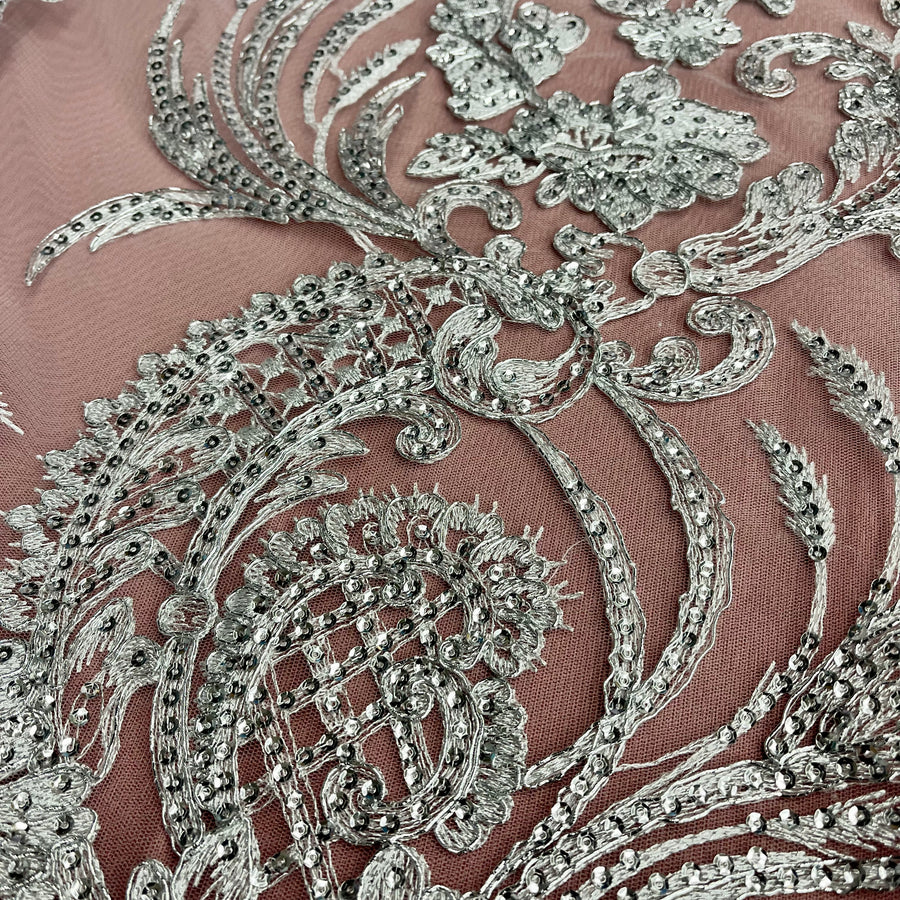 1 Yard - Corded & Sequined Bridal Lace Fabric Embroidered on 100% Polyester Net Mesh - 54"