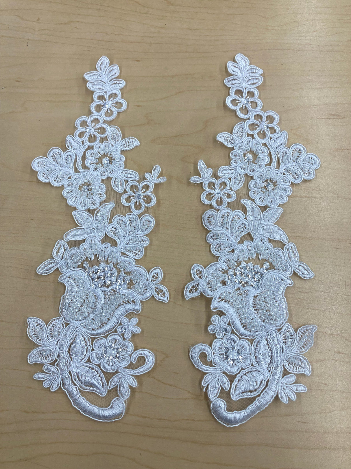 1 Pair 10" x 3.5" Each Side Beaded & Corded Floral Lace Applique100% Polyester Net Mesh