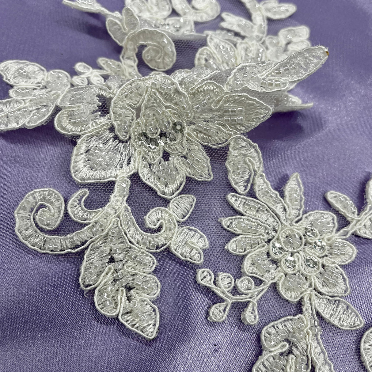 Beaded Corded Floral Lace Applique on Polyester Net Mesh