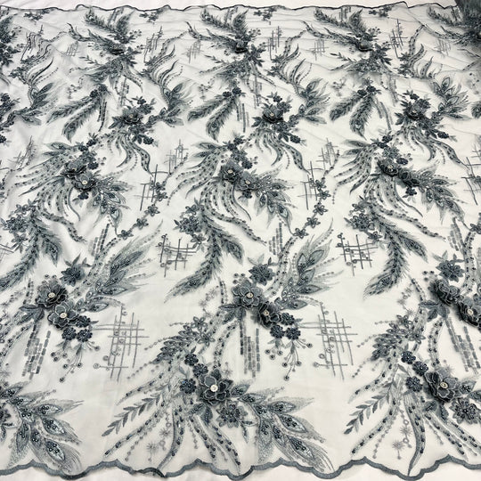 1 Yard Beaded Rhinestone 3D Floral Lace Fabric Embroidered 100 Percent Polyester Net Mesh 50 inch Width