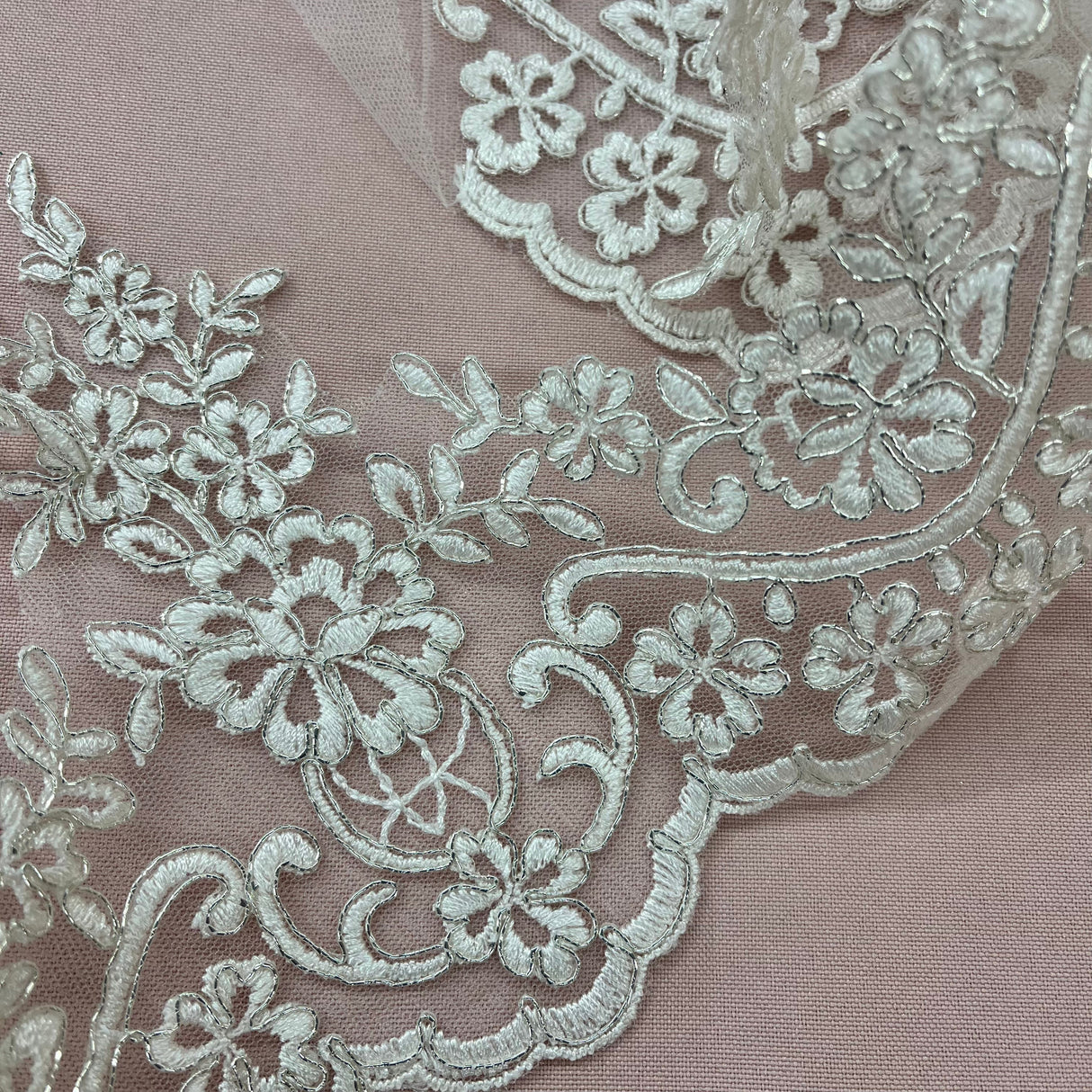 Corded Lace Trimming Embroidered On 100 Percent Polyester Net Mesh Fabric - Black, Ivory With Gold, Ivory With Silver, Ivory, Silver, White, 6" Width (1 Yard)