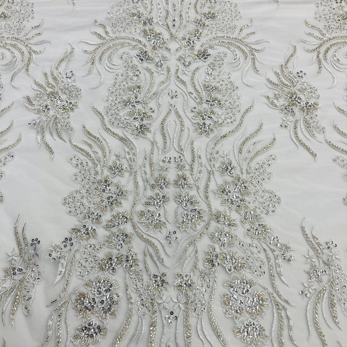 Beaded Lace Fabric on Polyester Net Mesh 52"