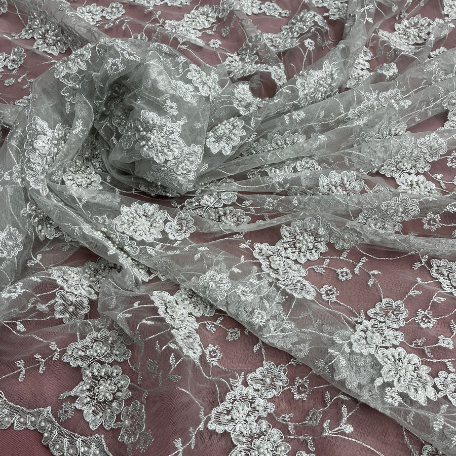 1 Yard Beaded and Corded Lace Fabric Embroidered on Polyester Net Mesh