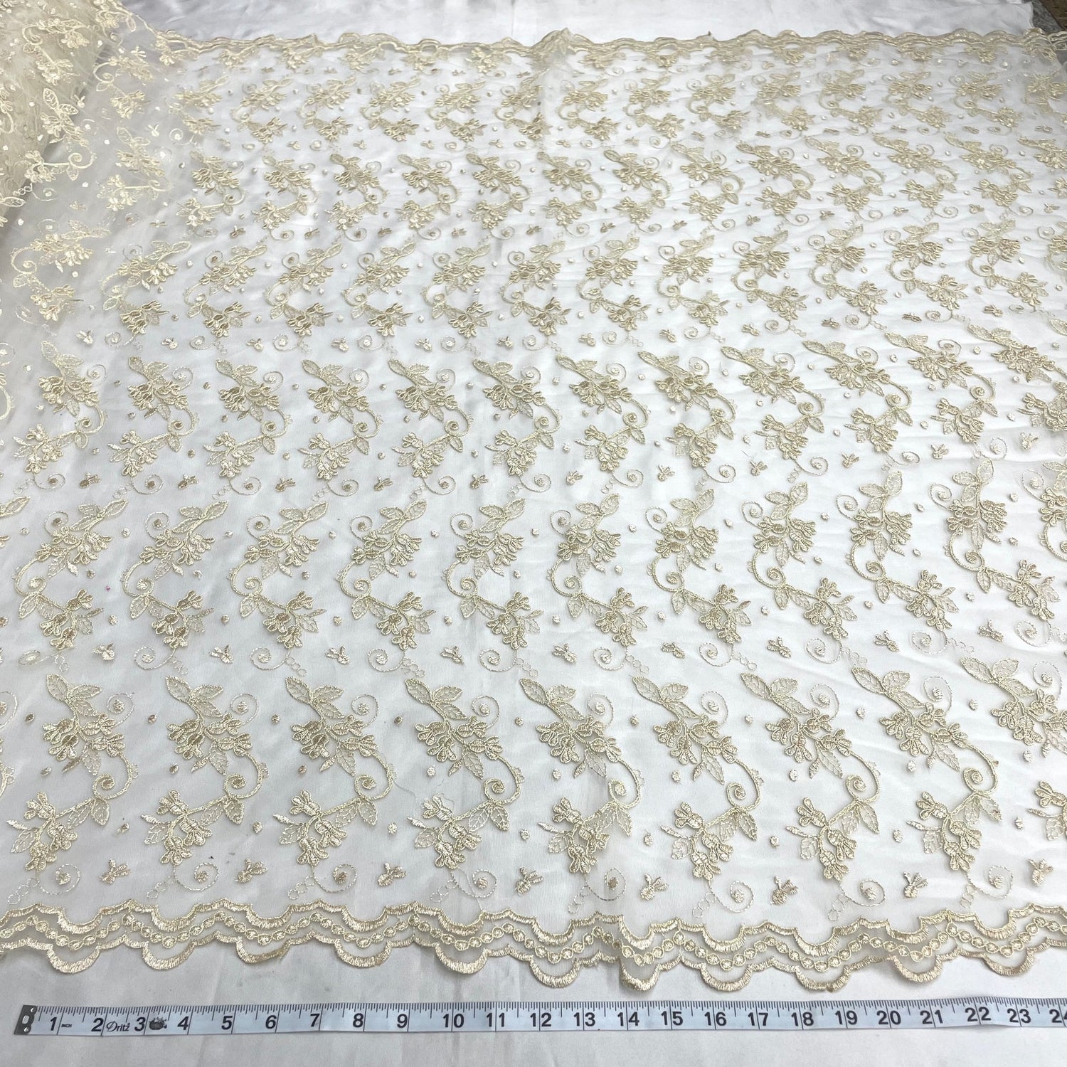 1 Yard Corded Bridal Lace Fabric Embroidered on Polyester Net Mesh for Elegant Wedding and Evening Gowns – 54"