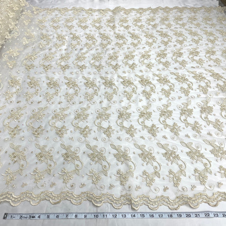 1 Yard Corded Bridal Lace Fabric Embroidered on Polyester Net Mesh for Elegant Wedding and Evening Gowns – 54"
