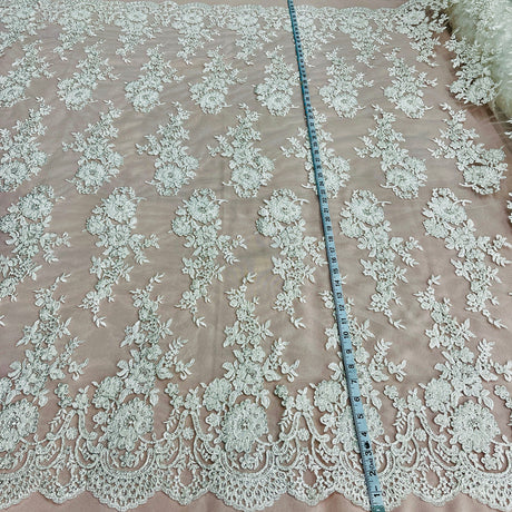 1 Yard Luxury Beaded Corded Bridal Lace Fabric Embroidered White